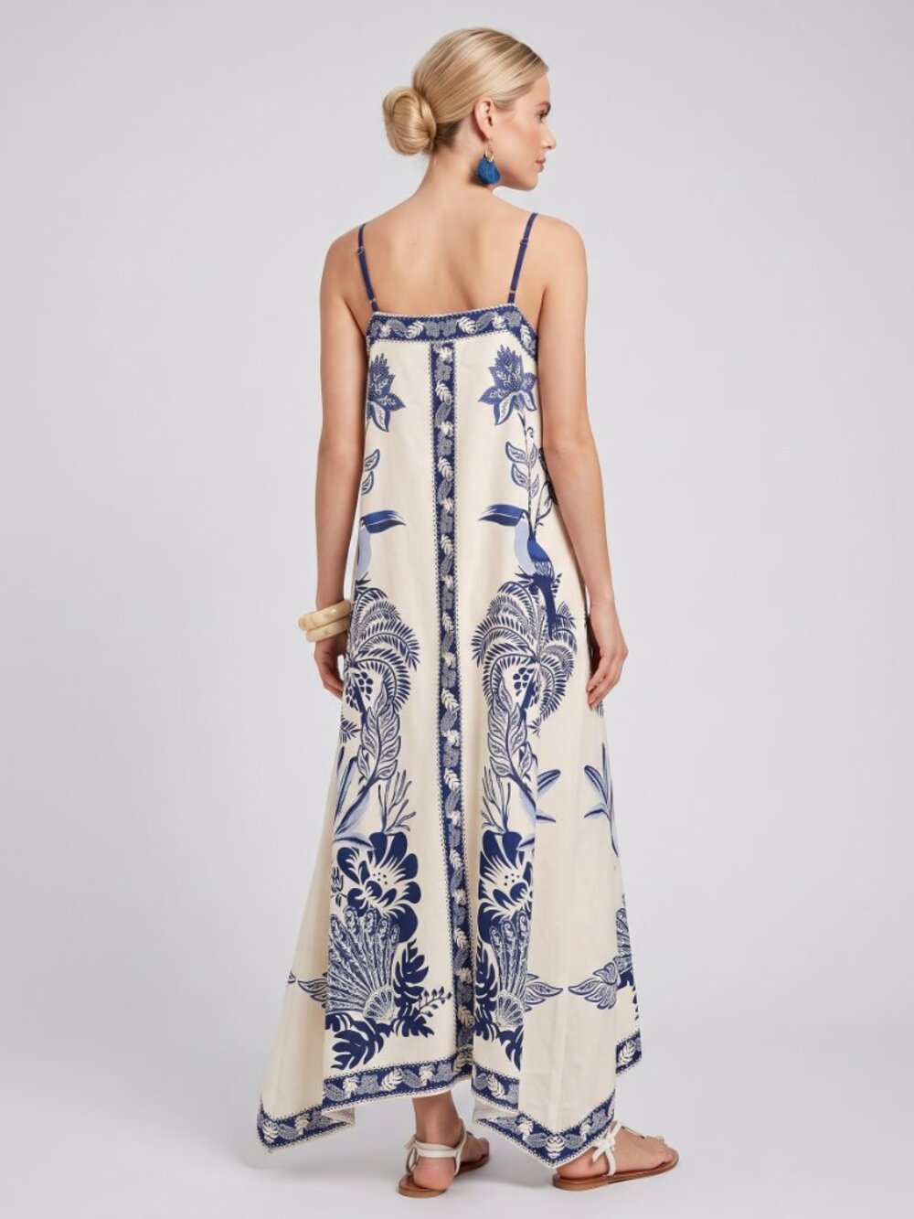 Women's Cream Blue Tropical Floral Maxi Dress Sleeveless Boho Beach Vacation - Picture 2 of 2
